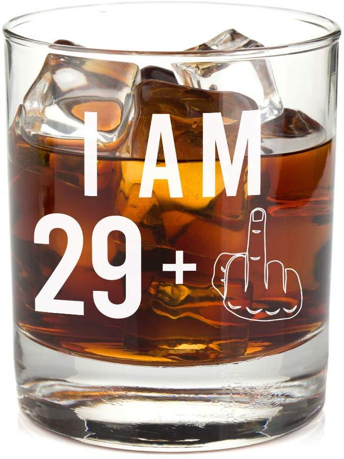 29 + One Middle Finger Whiskey Glass for Men and Women – Funny Birthday Gift Ideas for Mom Dad Husband Wife – 30 Year Old Party Supplies Decorations for Him, Her – 11 oz