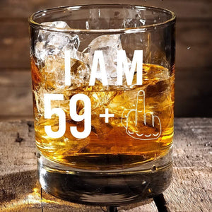 59 + One Middle Finger Whiskey Glass for Men and Women – Funny Birthday Gift Ideas for Mom Dad Husband Wife – 60 Year Old Party Supplies Decorations for Him, Her – 11 oz