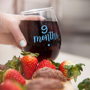 I've Waited 9 Months for This - Wine Glass 15oz - | Funny Personalized Novelty Stemless Glass Gifts for Expecting Boy Mom Pregnant Women | Birthday, Expectant Mothers, Newborns, Mother's Day (Blue)