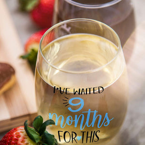 I've Waited 9 Months for This - Wine Glass 15oz - | Funny Personalized Novelty Stemless Glass Gifts for Expecting Boy Mom Pregnant Women | Birthday, Expectant Mothers, Newborns, Mother's Day (Blue)