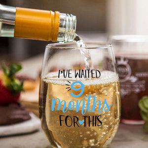 I've Waited 9 Months for This - Wine Glass 15oz - | Funny Personalized Novelty Stemless Glass Gifts for Expecting Boy Mom Pregnant Women | Birthday, Expectant Mothers, Newborns, Mother's Day (Blue)